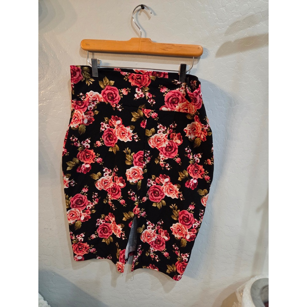Ultra Flirt Black Floral Rose Print High Waist Pencil Skirt Red Pink XL